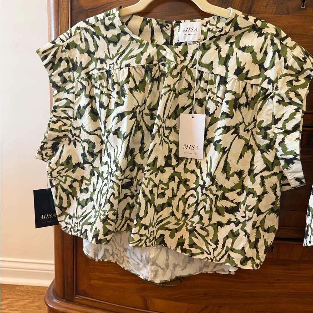 MISA Los Angeles Green and White Abstract Blouse